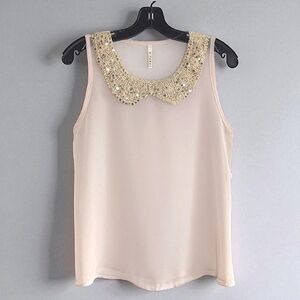 B. Jewel Vintage Sleeveless Sheer Top Crochet and Sequin Collar Cream Nude M